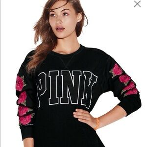 Victoria's Secret PINK Campus Crew Black Embroidered Red Rose Floral Sweatshirt
